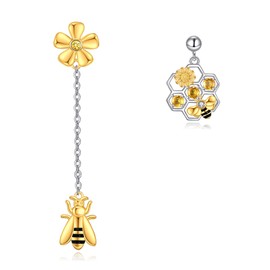 VONALA Bee Earrings 925 Sterling Silver Gold Plated Beehive and Honeycomb Dangle Drop Asymmetrical Yellow Flower Jewellery Gifts Earrings for Women, Sterling Silver
