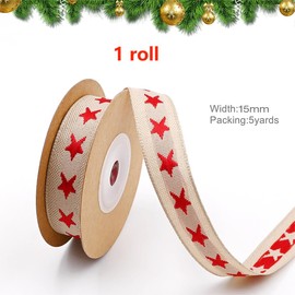 15mm 5yard Red Star Brown Cotton Linen Ribbon, Wrapping Rope Merry Christmas Pattern for DIY Birthday Present Package Favor Party Decorations