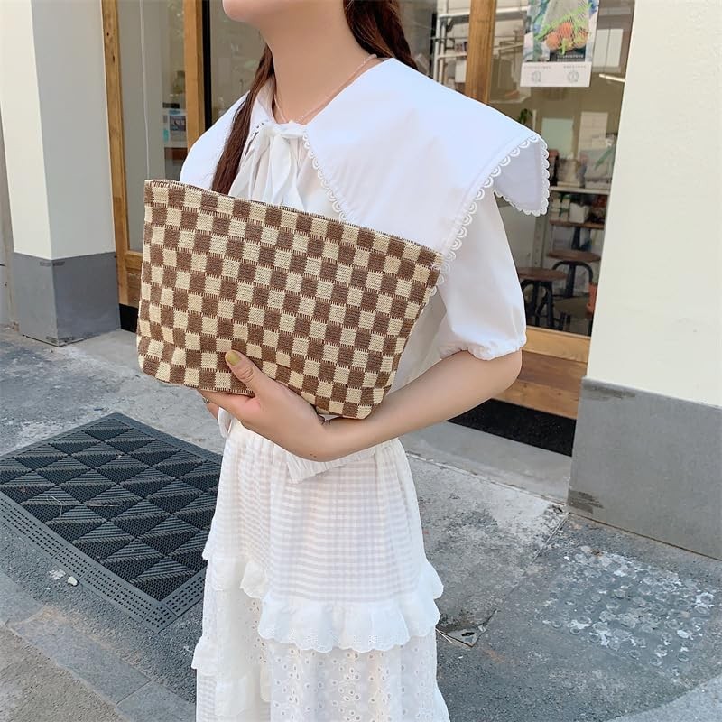 PAZIMIIK Knitted Checkered Makeup Bag Large Zipper Make Up Accessory