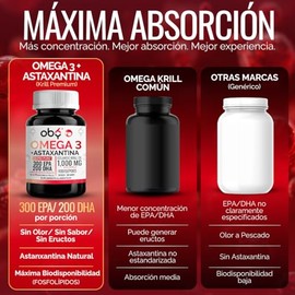 OBY Omega 3 Krill Oil 1000 mg | EPA 300 mg + DHA 200 mg | Fosfolípidos y Astaxantina | Alta Concentración | Oby Suplemento Alimenticio | 60 Cápsulas