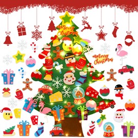 3Ft Felt Christmas Tree For Kids,Diy Wall Hanging Mounted Xmas Tree With string Lights,Velcro Fuzzy Felt Tree Xmas Gifts With 35pcs Detachable Ornaments For toddlers Home Christmas Decorations Indoor