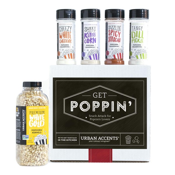 Urban Accents GET POPPIN', Gourmet Popcorn Seasoning Gift Set (Set of 5) - Delicious Non-GMO Popcorn Kernels and 4 Gourmet Popcorn & Snack Mix Seasonings- Perfect Gift for Any Occasion