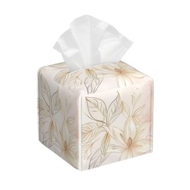 QCBBIRC Pink Golden Boho Minimalist Flowers Pu Leather Square Tissue Box Cover Case Organizer Cube Box Holder for Bathroom Vanity Countertop, Night Stands, Office Desk & Car