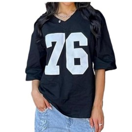 Oversized Jersey Women Summer Tops 2024 Grunge Graphic Tees Y2k Streetwear Short Sleeve Shirts (Black,S,Small)