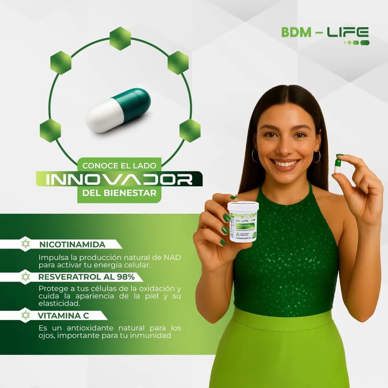 BDM LIFE Nicotinamida NAD Resveratrol 98 Vitamina C 60 Cápsulas