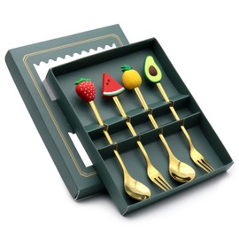 HTRTRR Children's Cutlery Set of 4, Children's Cutlery Set Stainless Steel with Beautiful Fruit Motifs on the Cutlery Handles, Dishwasher Safe, 2 x Forks, 2 x Spoons (Green Box)