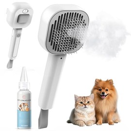 3 in 1 Cat Brush - Dog Brush, Steam for Shedding & Grooming, Indoor & Outdoor Shedding Spritz Comb for Long & Short Hair Cats & Dogs, Cat Steam Brush - Includes Waterless Shampoo, Gray