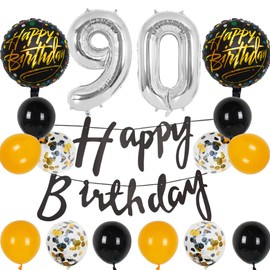 Silver 90th Birthday Decorations Party Supplies-Black Happy 90th Birthday Banner Latex and Confetti Balloons Paper Honeycomb Balls Huge Number 90 Balloons for Girls,Women,Men,Photo Props 90th Birthday