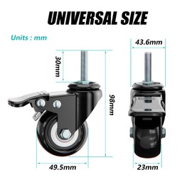 Set of 4 swivel castors ø38 mm for furniture - m8 furniture castors heavy duty, m8 castors with brake, swivel castors - 2 with brakes, 2 without brake, max. 88 kg capacity, black