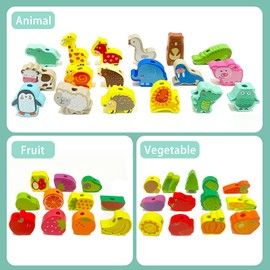 anshuke Holzspielzeug Fädelspiel Lernspielzeug, 42 Stück Obst Tiere Gemüse Fädelperlen, Holzperlen Einfädeln Spielzeug, Montessori Pädagogisches Lernspielzeug Geschenke für 3-5 Jahren Kleinkinder