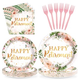 96Pcs Wildflower Retirement Party Decorations for Women Pink Gold Floral Teacher Retirement Plates and Napkins Sets Lady's Retired Decoration Favor for Goodbye Going Away Just Retired Party Serve 24