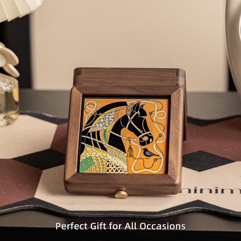 Wooden Jewelry Box,Small Wooden Box with Velvet Lining (Horse Design