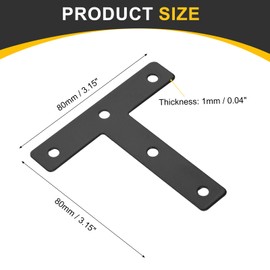 sourcing map 10Pcs T-Shaped Mending Plate, 3.15"x3.15" T-Shaped Corner Bracket Shelf Bracket Flat Mending Repair Plate for Wood Shelves Furniture (80x80mm, Black)