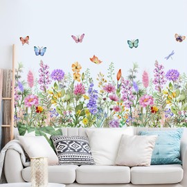 RAINBOW WSK Floral Plants Grass Wall Stickers Colorful Butterfly Flower Wall Decals Wildflower Garden Wall Murals Peel and Stick Girls Bedroom Classroom Vinyl Wall Decals MS3167