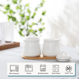 HAOTOP Ceramic Sugar Bowl 2 Pack, PorcelainJar with Tray, Spoon and Lid for Sugar, Pepper, Coffee, Spice, Salt, 12 Ounces (White)