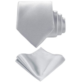 TIE G Solid Satin Color Formal Necktie and Pocket Square Sets in Gift Box (Silver)