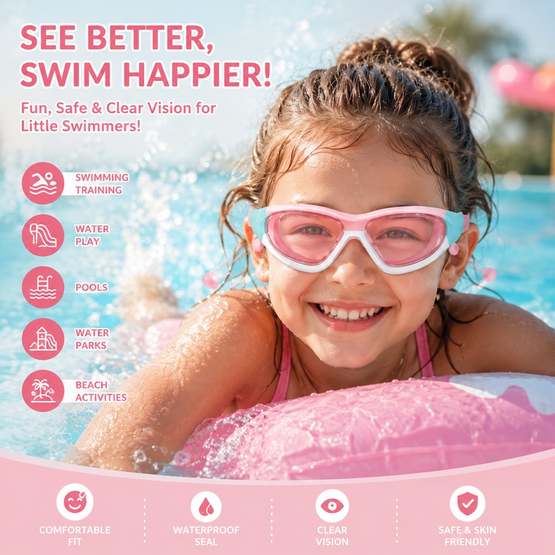 Kids Swim Goggles with Earplugs – Anti-Fog Waterproof Large Frame
