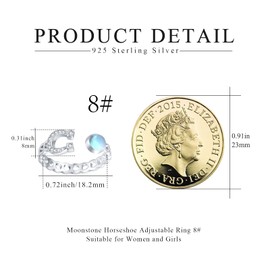 ECHOOY Moonstone Ring Horse Rings S925 Sterling Silver Horseshoe Adjustable Ring Animal Ring Horses Adjustable Open Ring Horse Jewellery for Women Girls, Sterling Silver