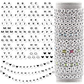 EuTengHao 1000 Pieces Letter Beads Kit 28 Styles Alphabet Beads Smiley Face Beads Heart Beads for Bracelets Necklace Friendship Jewelry Making(White Beads Black Letter)