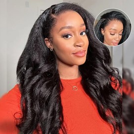 Romface Real Hair Wig Black Half Wig Human Hair Yaki Straight Glueless Wear and Go Kinky Straight 180% Density Wigs Real Hair Women Natural Black Wigs for Black Women 18 Inches