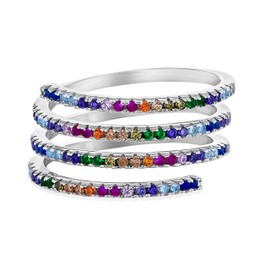 Tuscany Silver Women's Sterling Silver Rhodium Plated Multi-Coloured CZ Spiral Ring #K