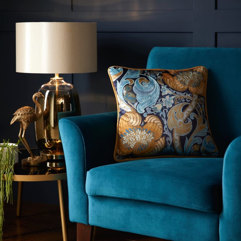 Laurence Llewelyn-Bowen Velvet Cushion – Ochre & Navy Damask Floral