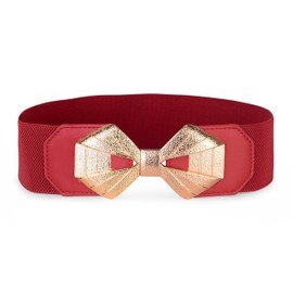 BlackButterfly Wide Elastic Cinch Stretch Waistband Retro Gold Bow Buckle Waist Belt (Red, XXL)