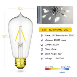 Vintage LED Edison Bulb 25W Equivalent, Daylight White 5000K, 200LM, 2 Watt ST19/ST58 E26 Decorative Filament Light Bulbs, Dimmable, 6-Pack