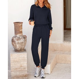 BTFBM Women 2024 Two Piece Tracksuits Sweatsuits Fall Winter Clothes Quarter Zip Sweatshirt Jogger Pants Y2K Lounge Sets(Navy, Large)