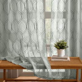 HOMEIDEAS Sage Green Sheer Curtains, 52 x 84 Inches Long Moroccan Embroidered Pattern Rod Pocket Semi Sheer Curtains, Faux Linen Light Filtering Sheer Drapes for Living Room/Bedroom, 2 Panels