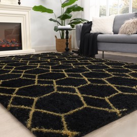 ARKIIKI Fluffy Rug for Bedroom Living Room, Soft 4x6 Black Area Rug, Machine Washable Shag Geometric Fuzzy Kids Non Slip Carpet Home Decor Aesthetic, Plush Floor Mat for Nursery Teen Dorm, Black/Gold
