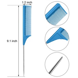 3 Packs Rat Tail Comb Steel Pin Rat Tail Carbon Fiber Heat Resistant Teasing Combs with Stainless Steel Pintail (Blue)
