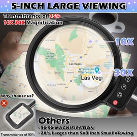 30X 10X Large Floor Magnifying Glass with Light and Stand,72 LED Adjustable Height Floor Magnifying Lamp,2 in 1 Lighted Magnifiers for Close Work, Sewing,Crafts,Hobbies,Reading (Black)