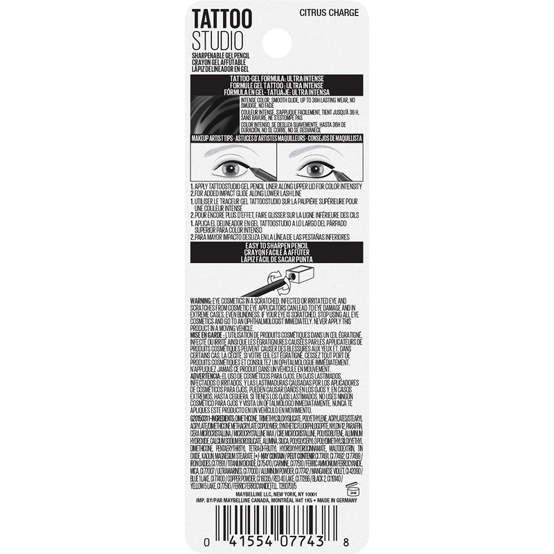 Maybelline Tattoo Studio Long-Lasting Sharpenable Eyeliner Pencil, Glide on Smooth