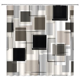 ZNLSU Modern Geometric Shower Curtain Black Gray Beige Abstract Plaid Vintage Mid Century Geometric Rustic 70" WX70 H Bathroom Decor Fabric Curtain with Hooks
