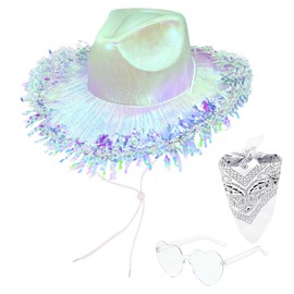 JIANGLAI Space Cowboy Hat, Glitter Disco Cowgirl Hat with Heart Sunglasses and Bandana for Women Men Western Party, Costume Accessory (White)