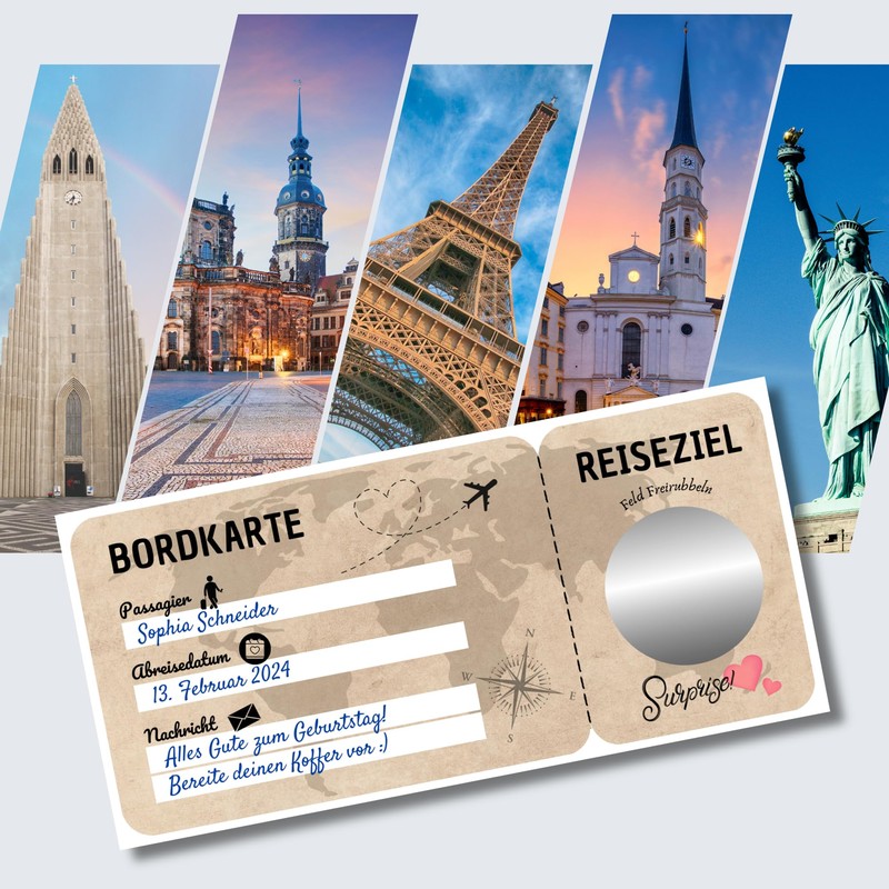 Travel voucher, scratch sticker, boarding pass, gift for couples, scratch
