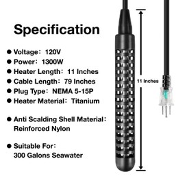 GRILLME 1300W Titanium Fully Submersible Portable Electric Immersion Water Heater,Bucket Water Heater,Seawater Heater for Fish Tank,Seawater Aquaculture,100% Protection Against Seawater Salt Corrosion