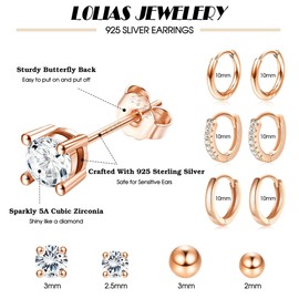 Sanfenly 7 Pairs Gold Earrings for Women 925 Sterling Silver Gold Huggie Hoop Earrings and Zirconia Studs 14k Gold Plated Multiple Piercing Hypoallergenic Cartilage Sleep Earring for Women Girls-RG