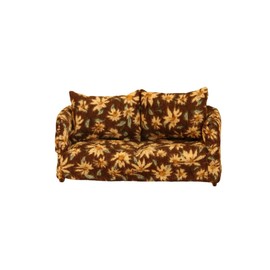 Dollhouse Removable Sofa,1:12 Wooden Dollhouse Floral Double Couch with Pillow,Old pastoral style Miniature Doll House Furniture Accessories for Living Room (Coffee Color)