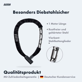 AARON Lock One Bicycle Lock with Key, Steel Chain Lock and High Security Level Lock for E-Bike, Mountain Bike, Trekking Bike, Touring Bike, Road Bike in Black