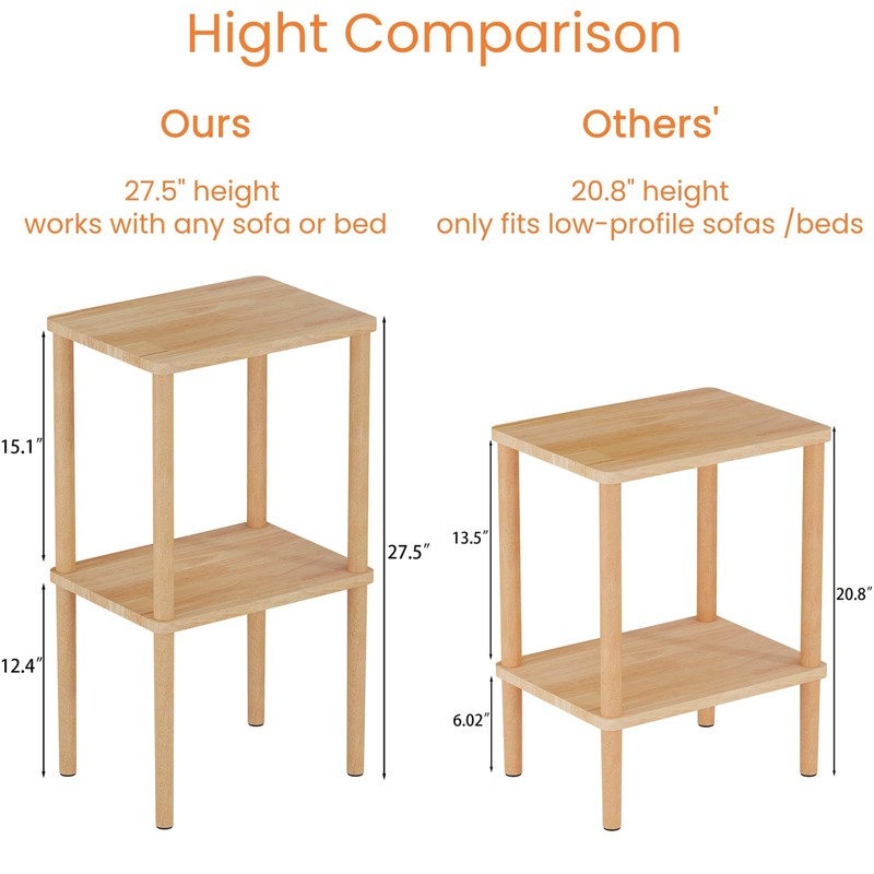 exilot Solid Wood Side Table, 2-Tier Tall End Table with