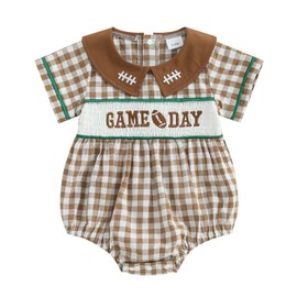 Sprifallbaby Newborn Baby Onesie Girl Summer Clothes Football Romper Doll Collar Short Sleeve Bubble Romper Infant Outfit (Brown game day, 6-12 Months)