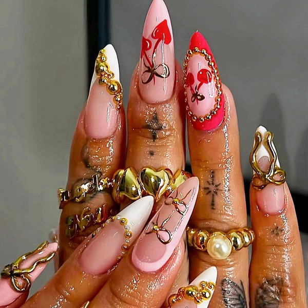 Long Almond Press on Nails Pink Fake Nails with 3D