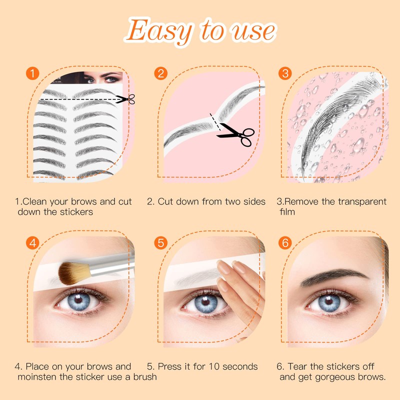 MWOOT 4D Hair-like Eyebrow Tattoo Stickers, 6 Sheets Waterproof Eyebrow
