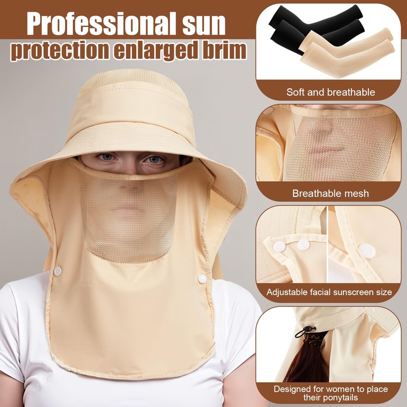 Yearntown 4 Pcs Ponytail Sun Hat Wide Brim Fishing Hat