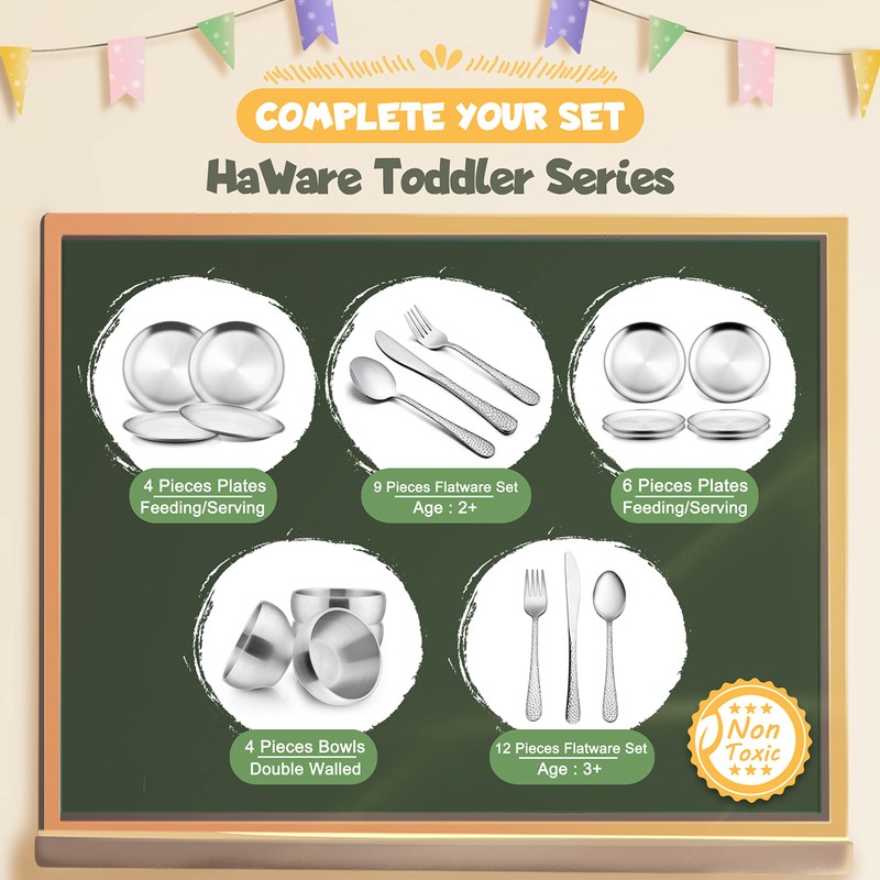 HaWare 7.3" x 5.3" x 0.8" Kids Plates, 6-Piece Stainless