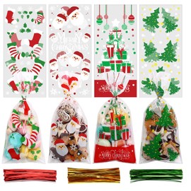 DERAYEE Cellophane Bags, 120 Pieces Christmas Cellophane Bags, Candy Bags with 150 Pieces Twist Ties, Christmas Candy Bags