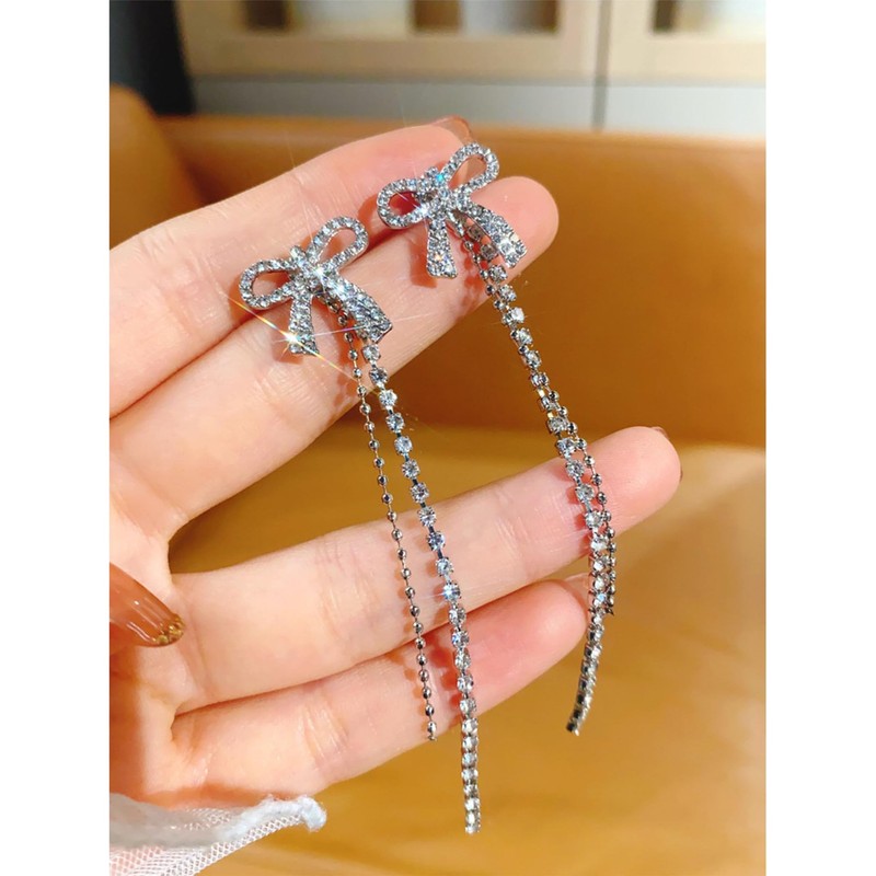 Bow Earings for Women Long Tassel Earring Sparkly Rhinestone Crystal