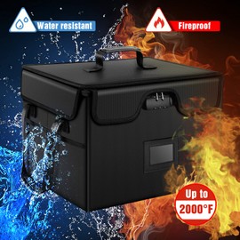 AMBOR File Box with Lock, Fireproof Document Box with 5 Tabs, Collapsible File Organizer with Handle for Letter & Legal Size Folder/Certifications/Books Storage, Black